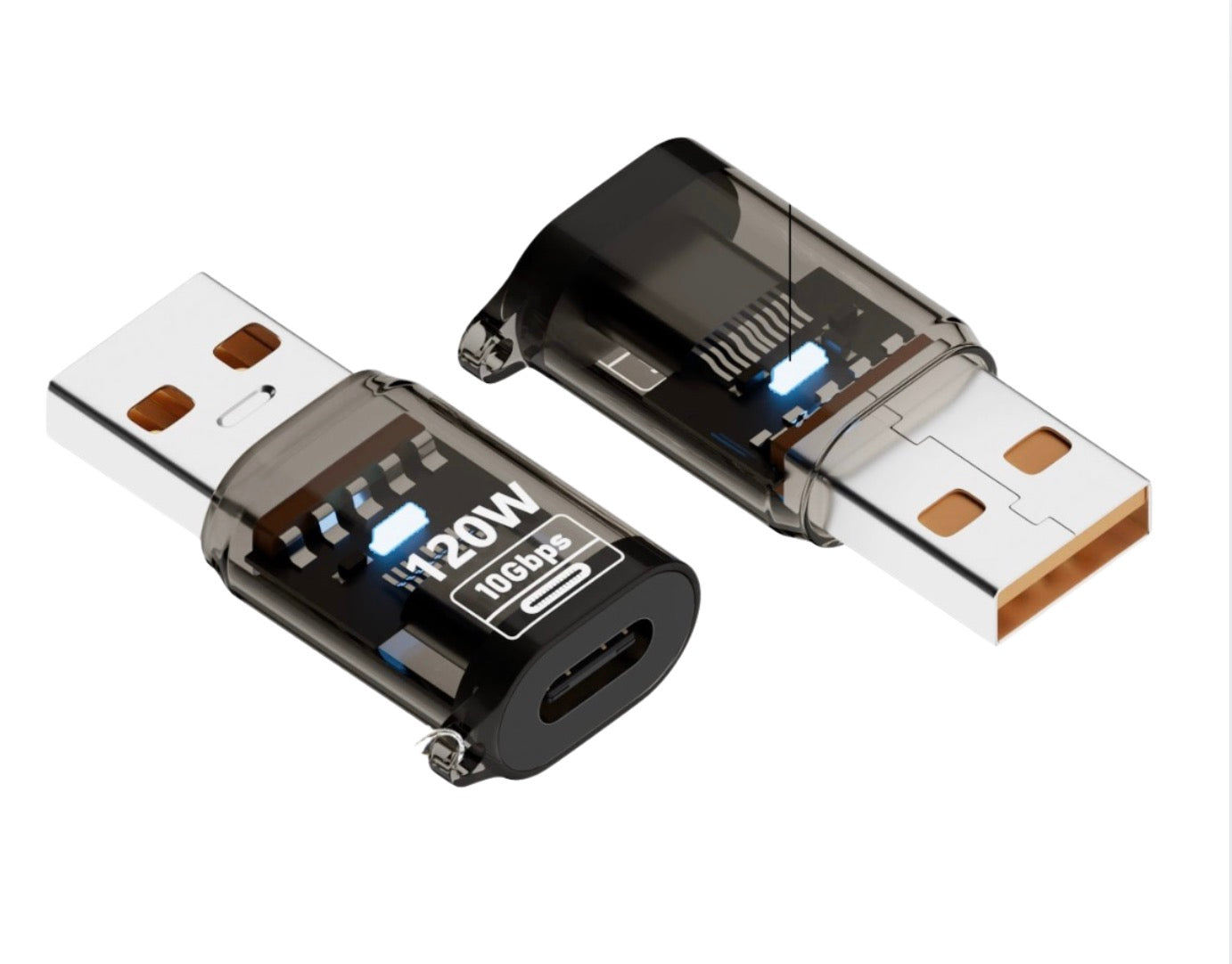 A USB C extension adapter with USB A Male to USB C Female connection, available in multiple colors including black, blue, yellow, and transparent.