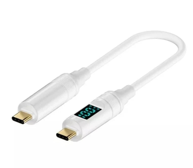 A white USB C to USB C cable with a blue emark chip on one end, and a Type-C male connector on the other.