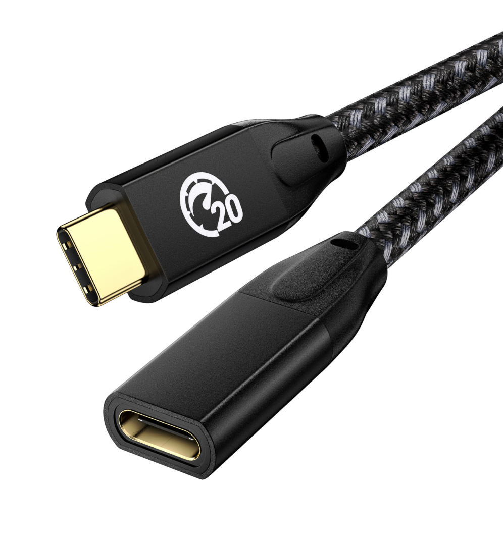 USB-C 3.2 braided extension cable with 20Gbps data transfer and 100W fast charging (male to female)