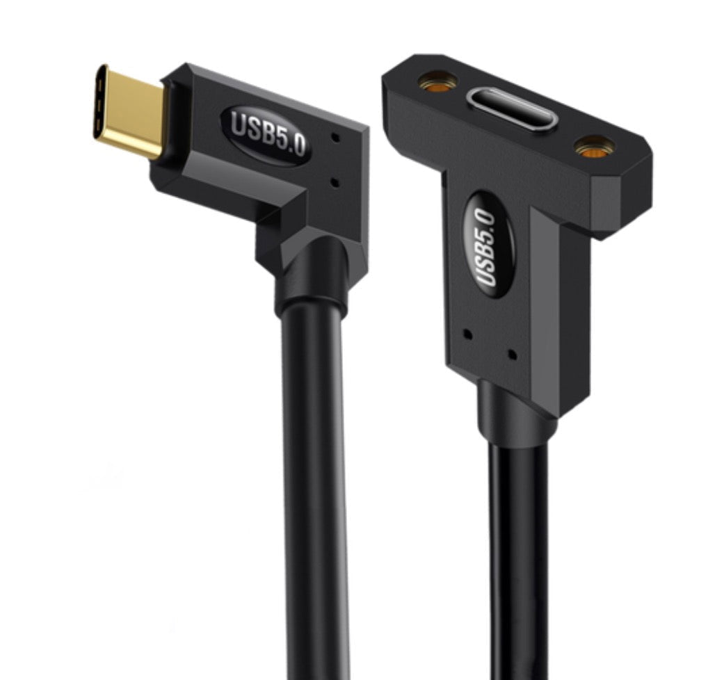 USB-C 5.0 Male to Female Panel Mount Extension Cable, 80Gbps, 240W PD, Right-Angle Connector