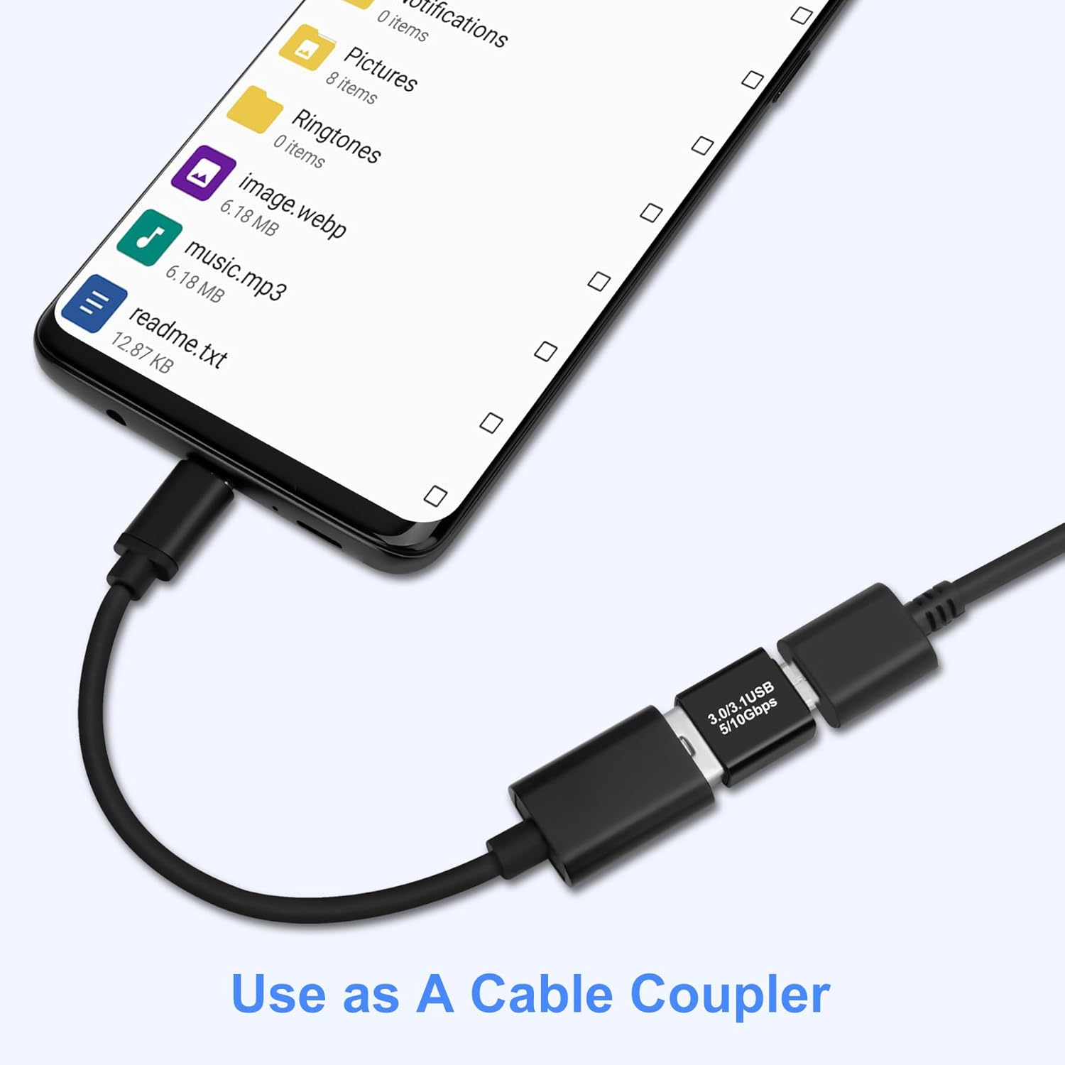 Phone with a cable coupler attached, showing file management app on screen.