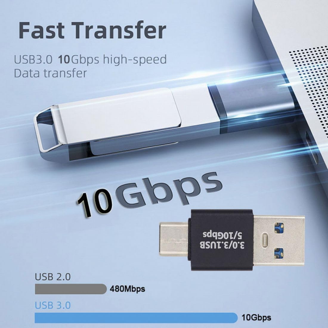USB flash drive with fast transfer capabilities on a blue background