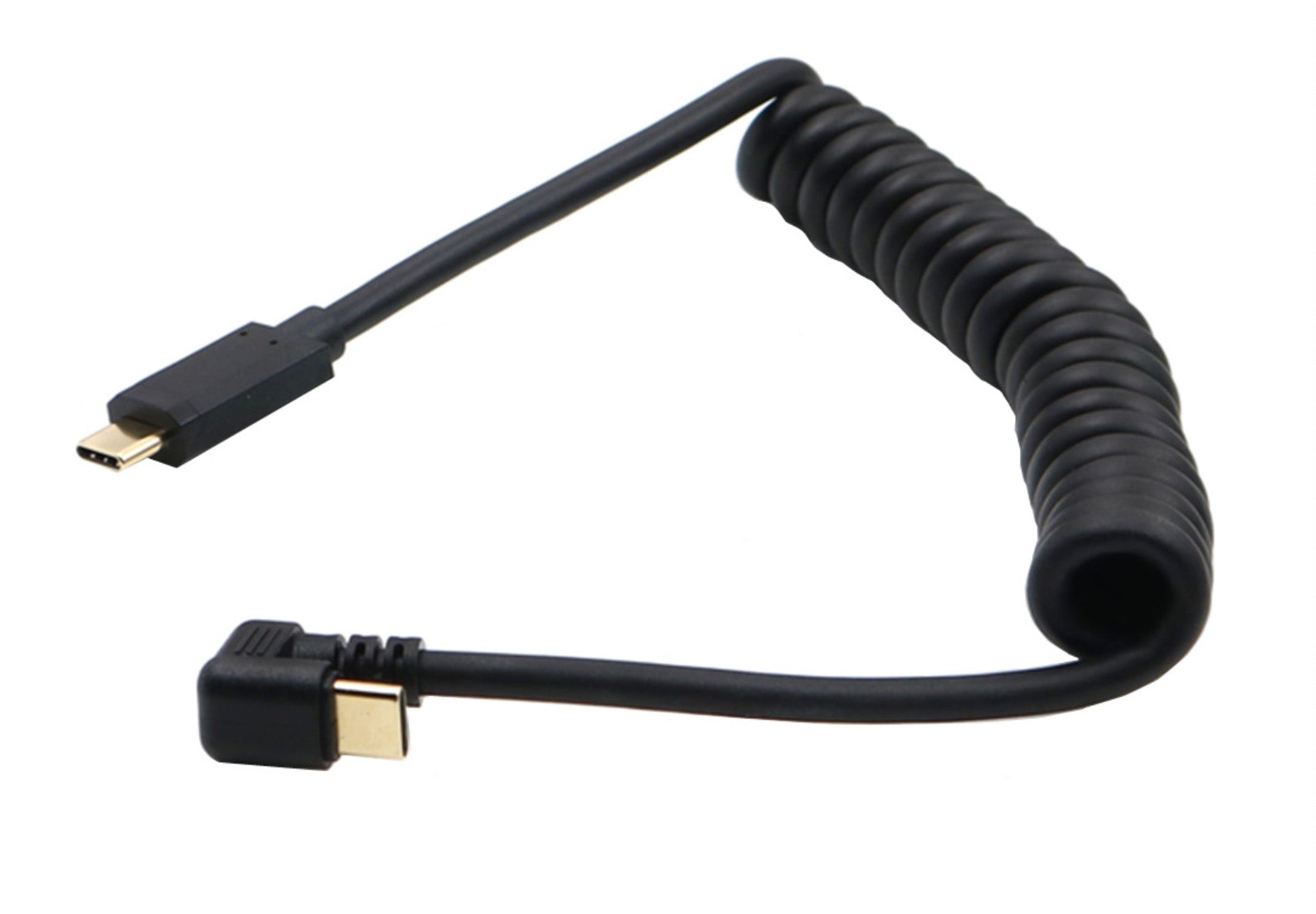 High-speed USB-C male to male cable with U-shaped connectors and flexible coil design