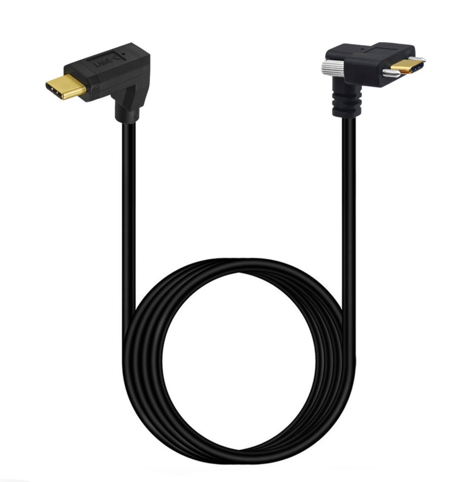 USB-C male to male dual screw locking cable with right-angle screw-lock connector and straight USB-C plug