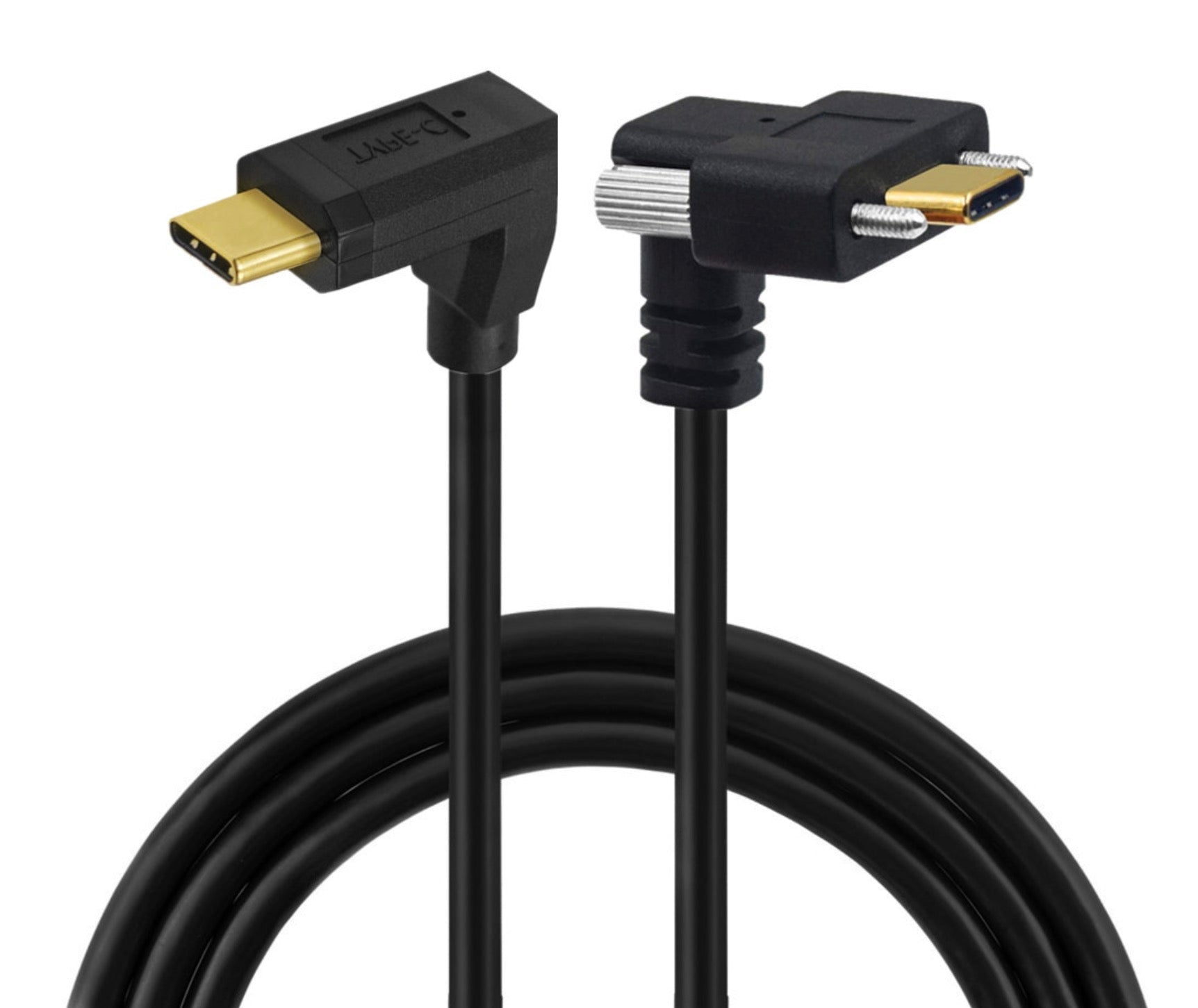 USB-C male to male dual screw locking cable with right-angle screw-lock connector and straight USB-C plug