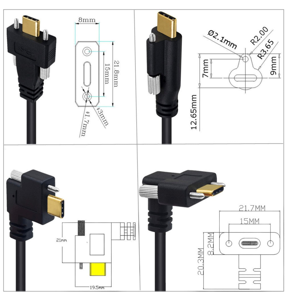 USB-C male to male dual screw locking cable with right-angle screw-lock connector and straight USB-C plug