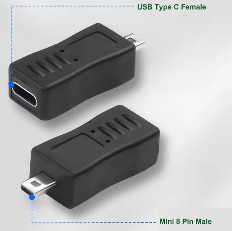 USB-C female to 8-pin Mini-B male adapter for camera data sync and power converter
