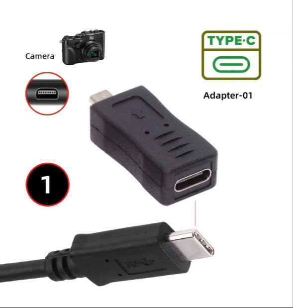 USB-C female to 8-pin Mini-B male adapter for camera data sync and power converter