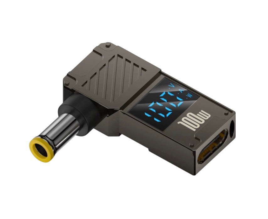 USB-C female to DC 5.0x1.0mm 90 degree angled aluminium alloy PD power charging adapter with display