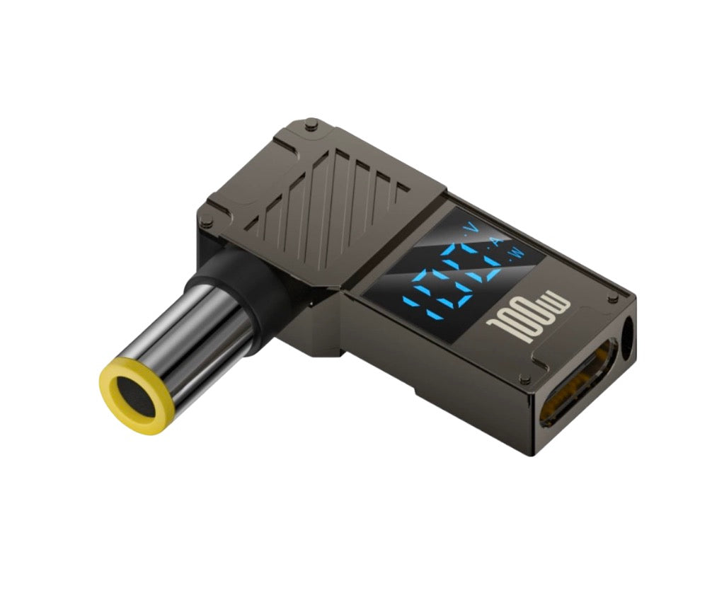 USB-C female to DC 7.9x0.9mm 90 degree angled aluminium alloy PD power charging adapter with 100W display