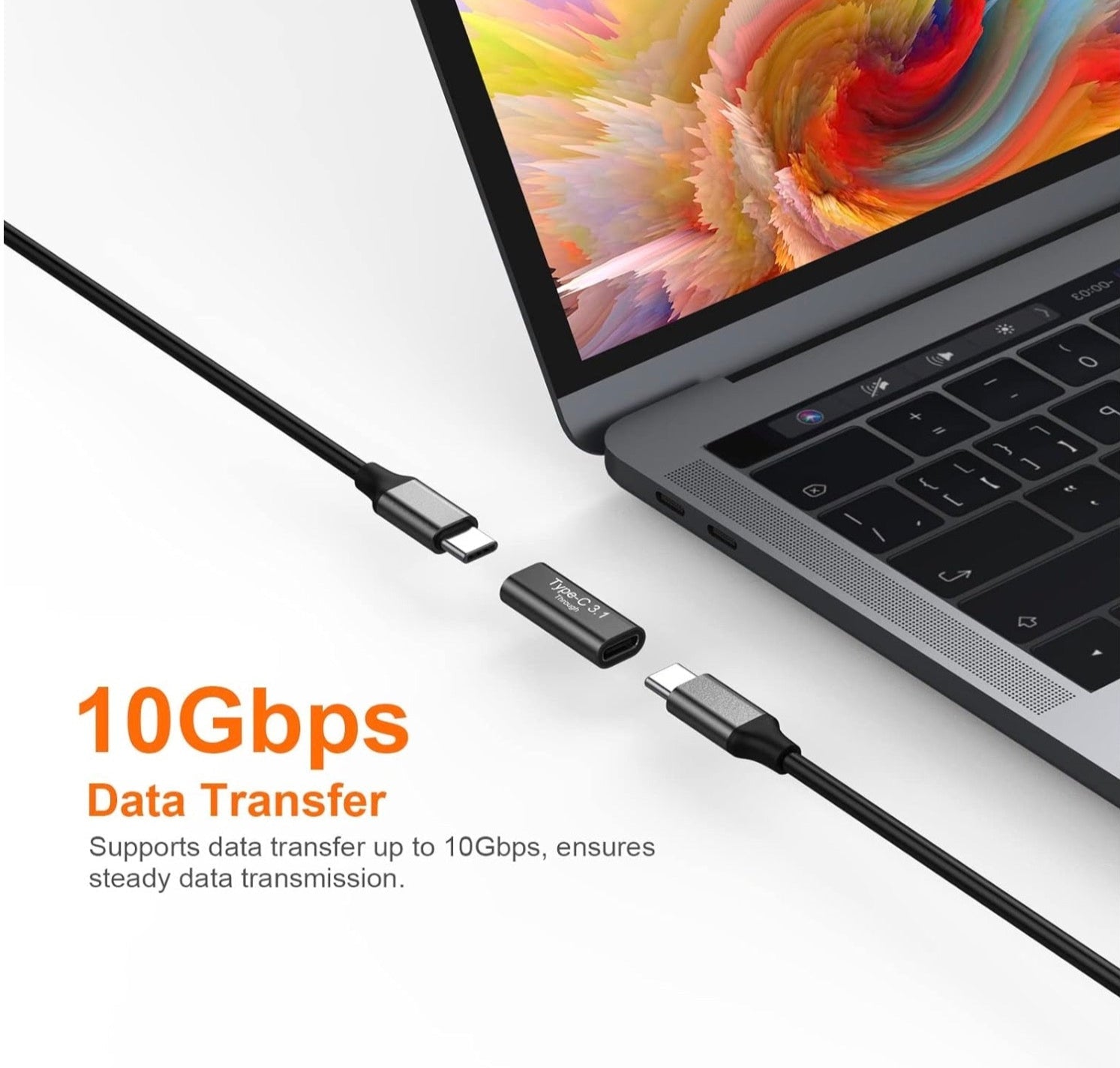 Laptop with USB-C cable and adapter on a white background, highlighting 10Gbps data transfer capability.