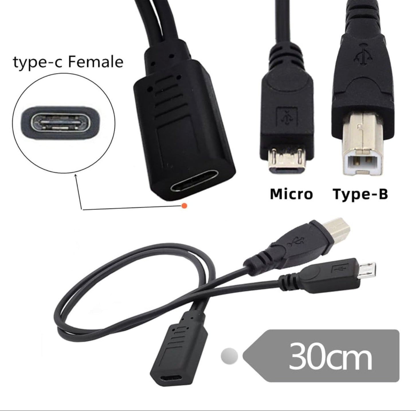 USB-C female to Micro USB male and USB Type-B male Y splitter charging extension cable