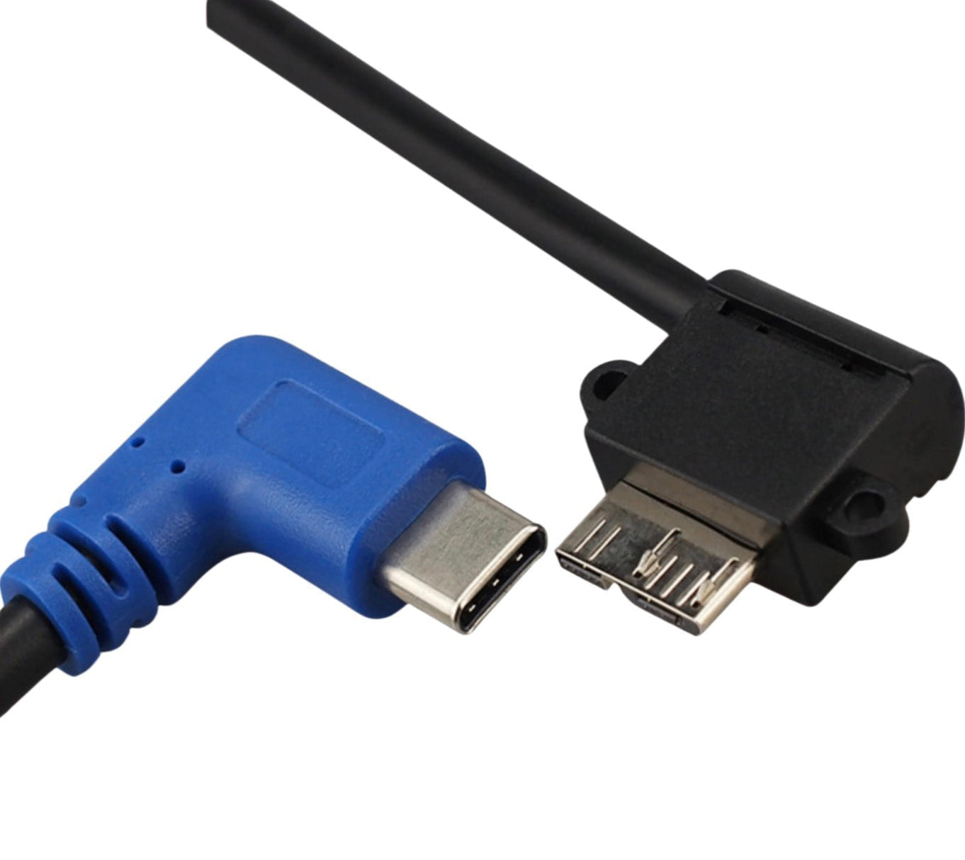 Cornered USB cable with blue and black connectors on a white background