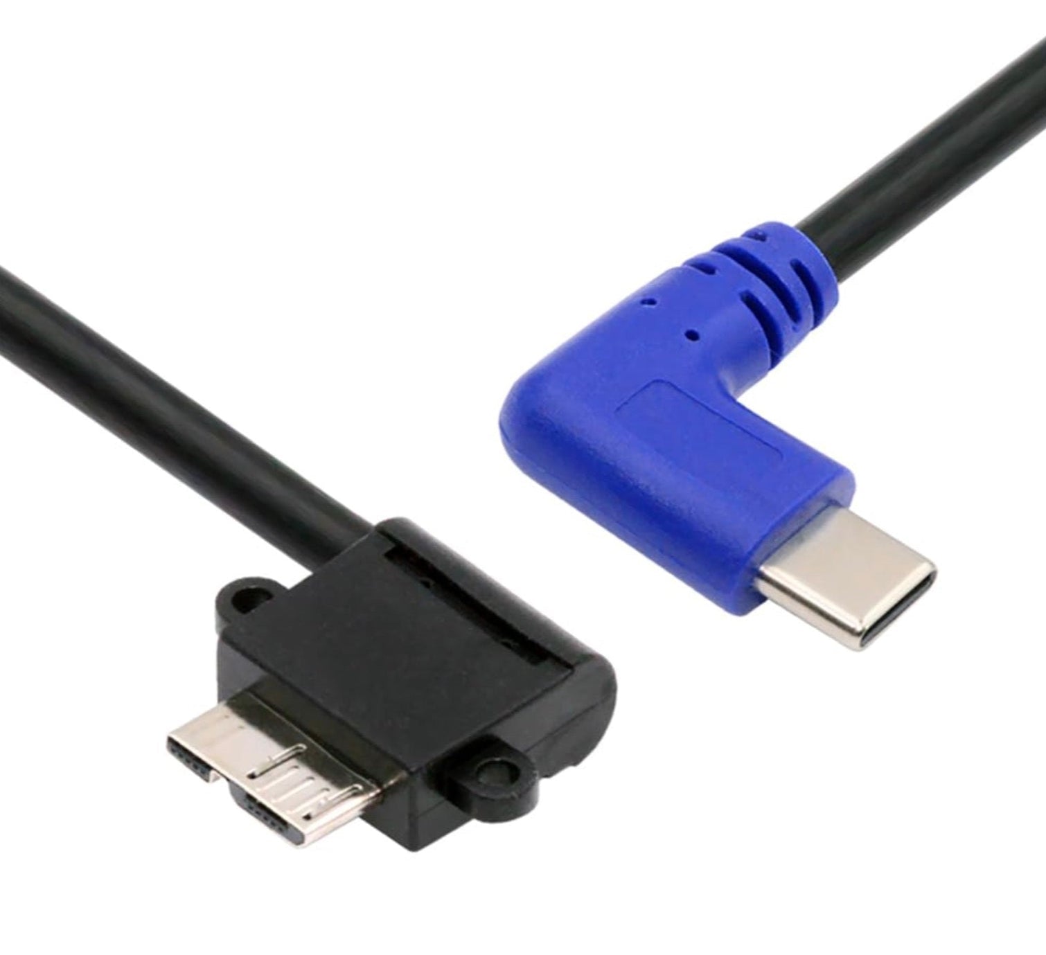 HDMI cable with blue connector and black adapter on a white background