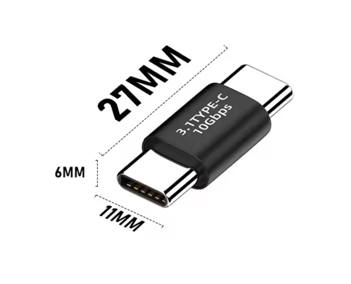 Black USB-C adapter with dimensions labeled on a white background