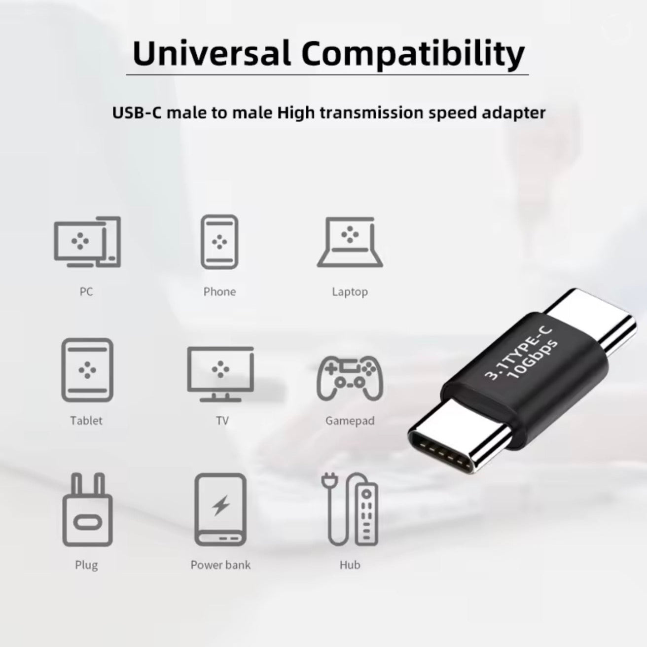 USB-C male to male high transmission speed adapter with compatibility icons on a light background