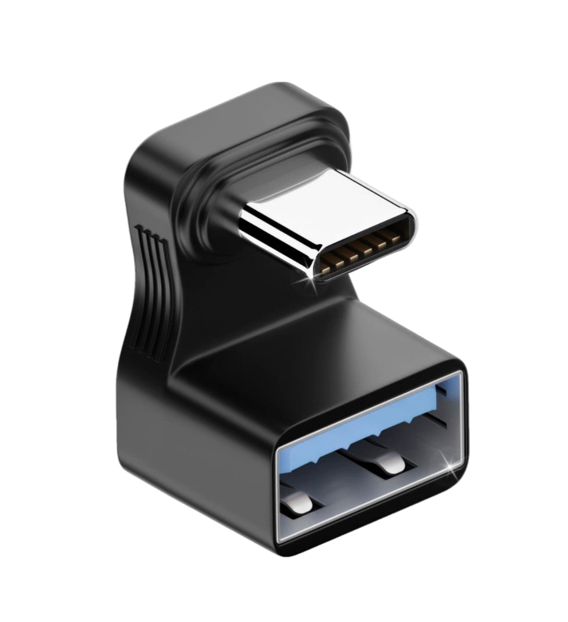 Right-angle USB-C male to USB 3.0 Type A female OTG adapter with blue USB-A port, 10Gbps and 100W support