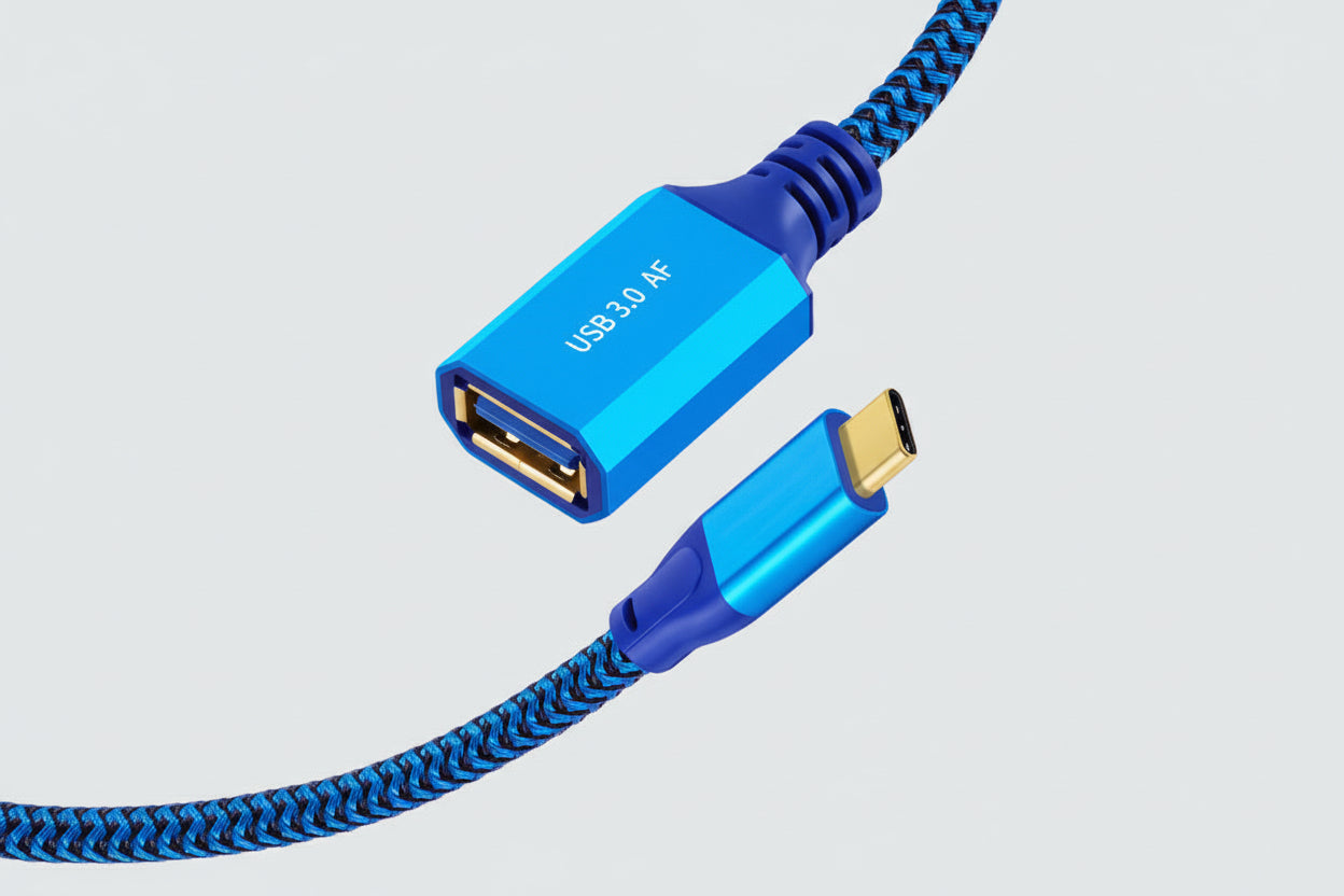 Blue USB cable with braided design on a light blue background