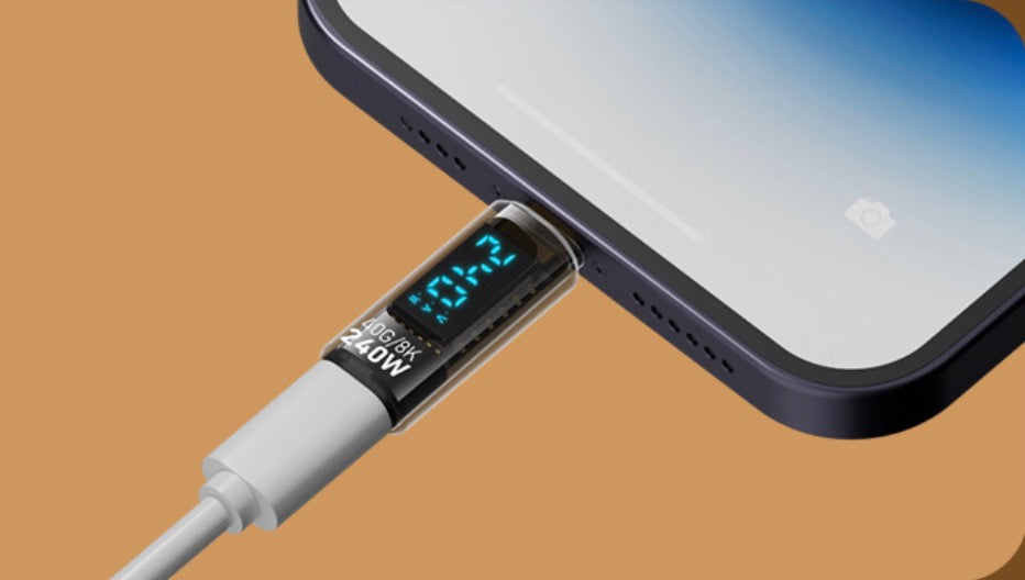 USB-C male to female adapter with digital voltage and current monitor display, USB4 40Gbps and 240W PD charging support