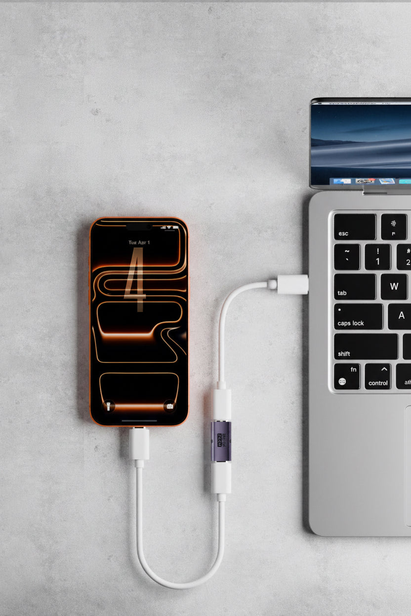 Phone with a USB cable connected to a laptop on a gray surface