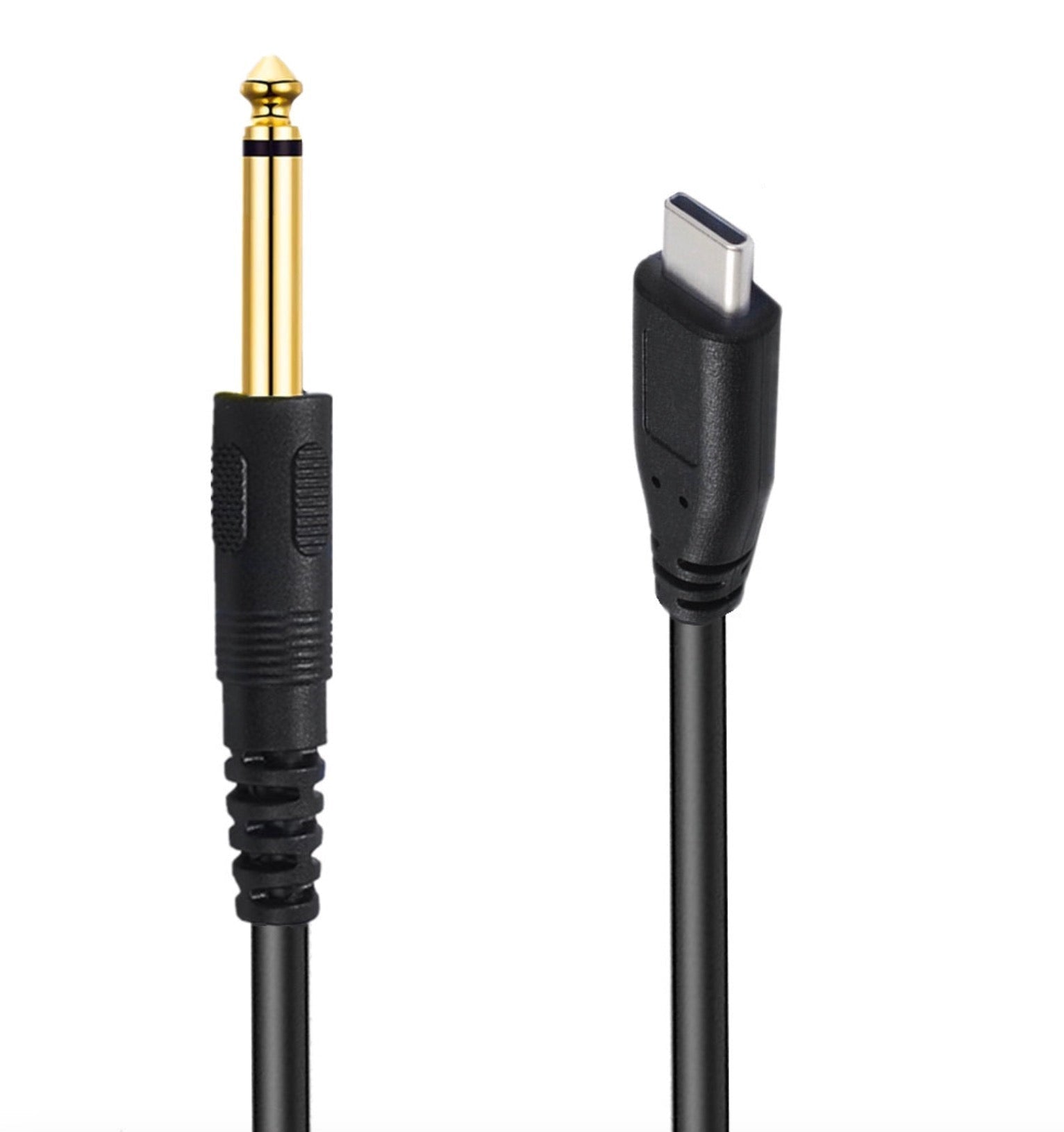 Black audio cable with gold and USB-C connectors on a white background