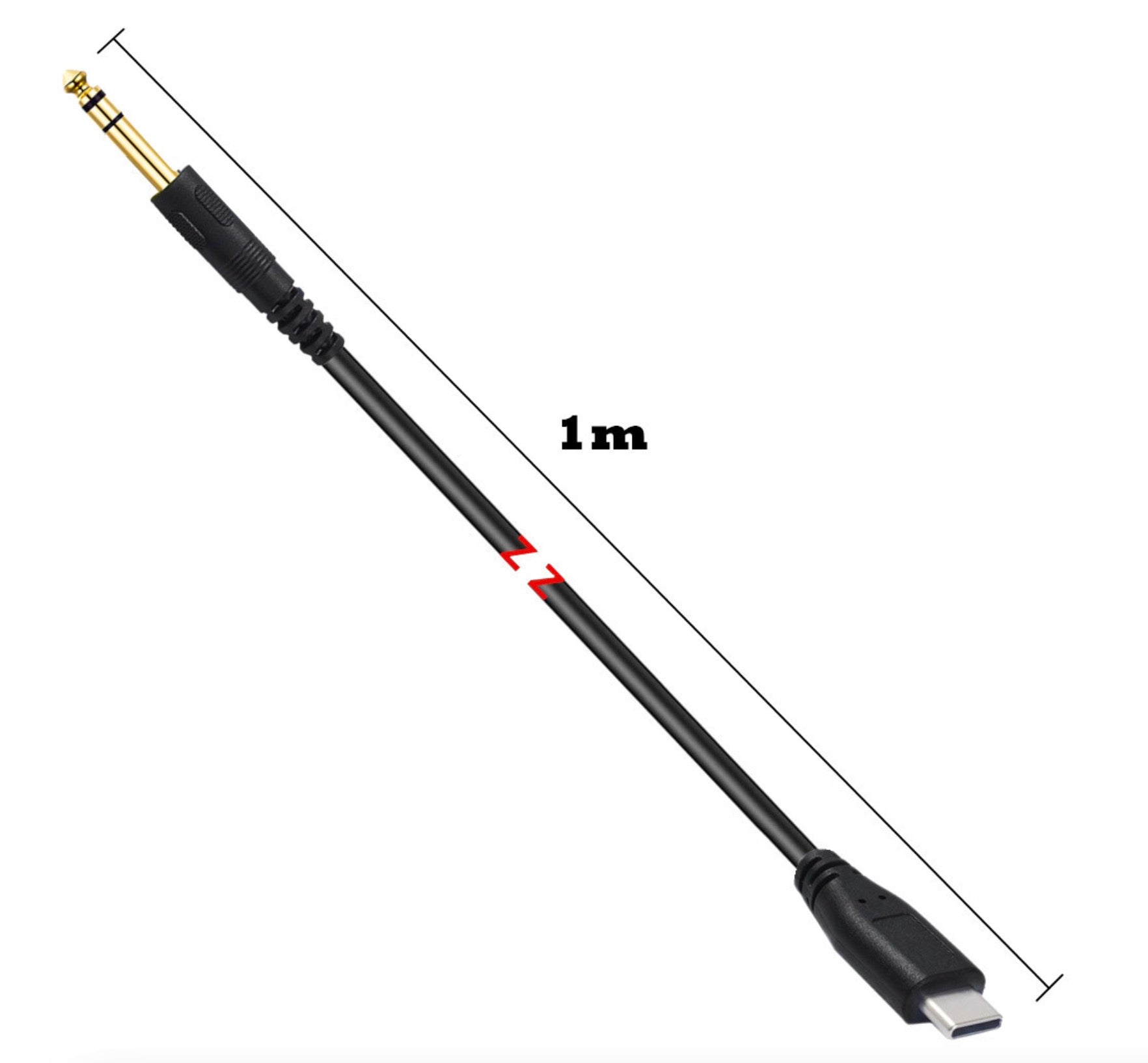 USB-C to 6.35mm TRS 1/4 inch stereo auxiliary audio cable with straight gold jack plug, black lead