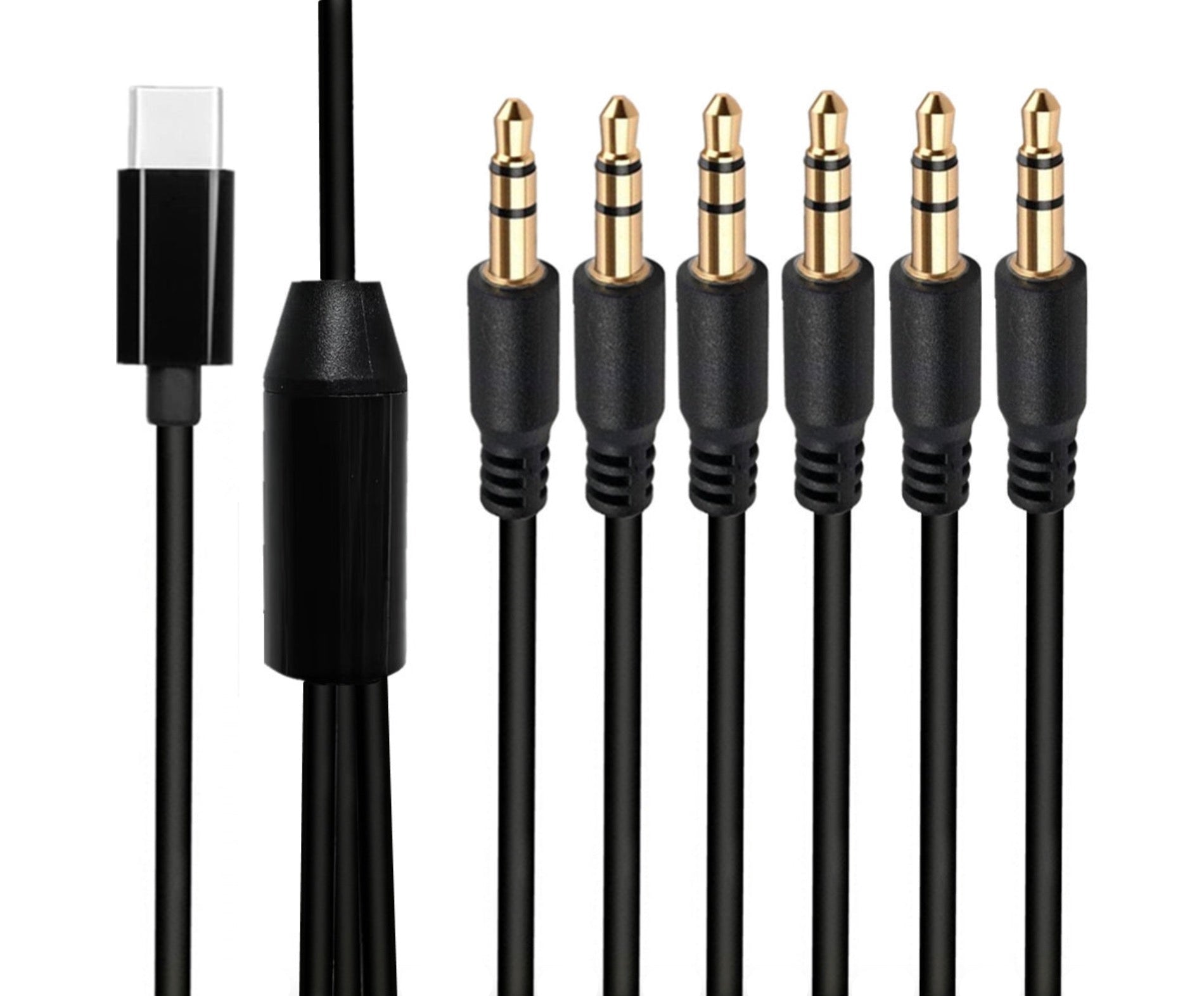 USB-C male to 6 x 3.5mm TRS 3-pole male audio splitter cable with inline splitter module for multi-output stereo audio distribution