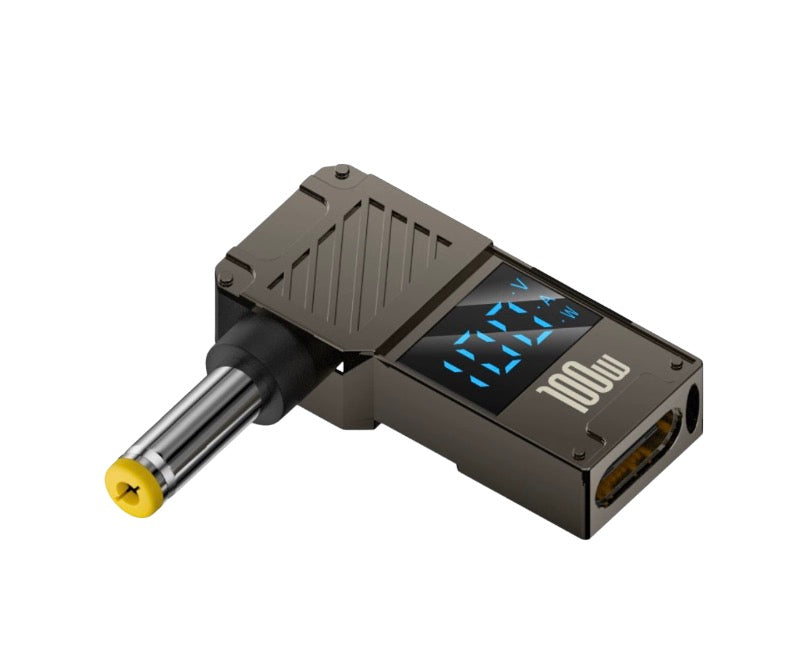 USB-C PD to DC 5.5x1.7mm 100W fast charging adapter with 90 degree angled aluminium body and display