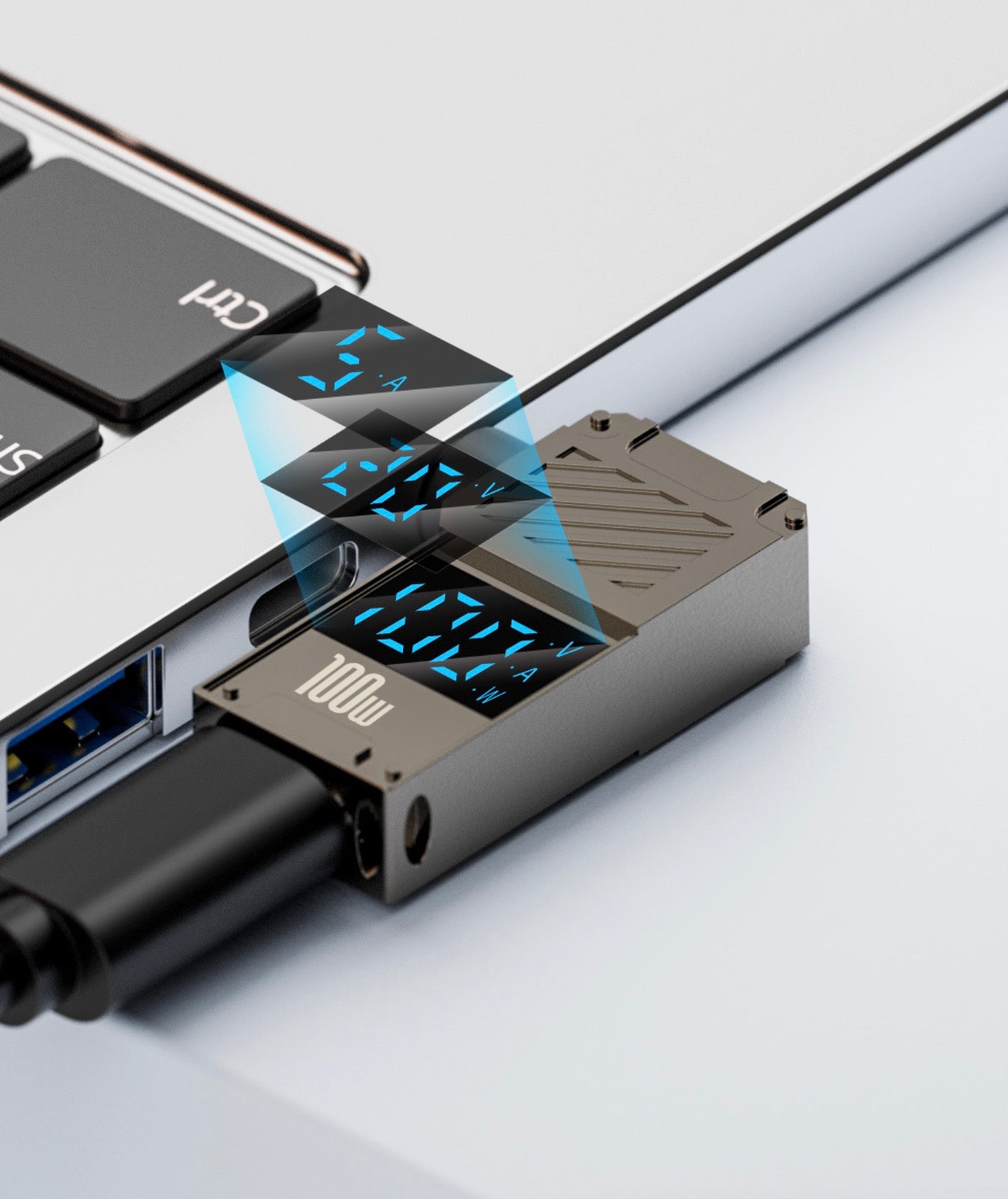 USB-C PD to DC 6.0x4.4mm 100W fast charging adapter with 90 degree angled aluminium body and digital display