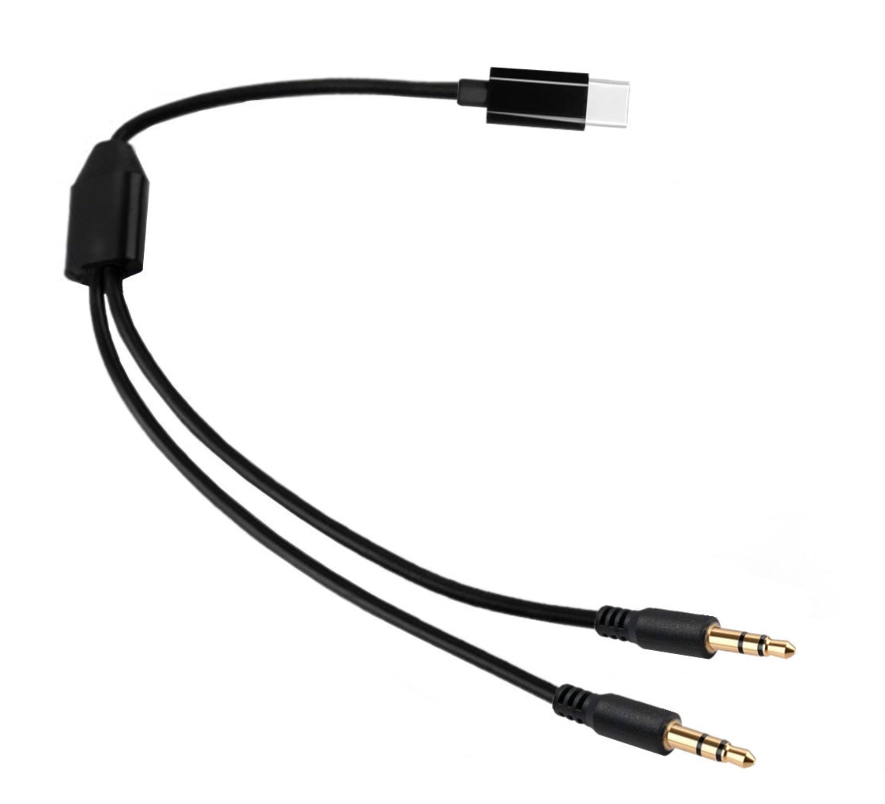 Black audio cable with two 3.5mm connectors on a white background