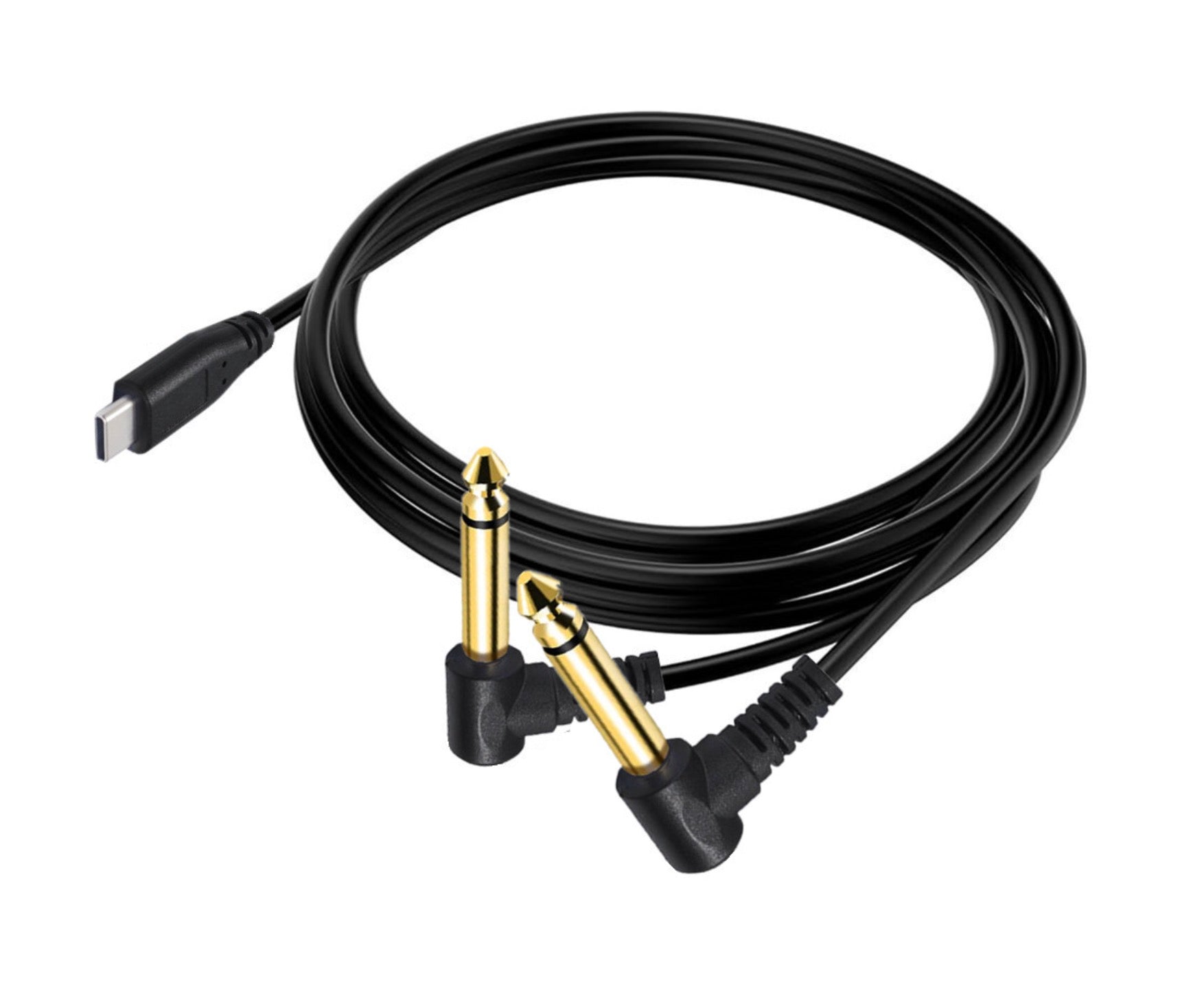 Black cable with gold and black connectors on a white background