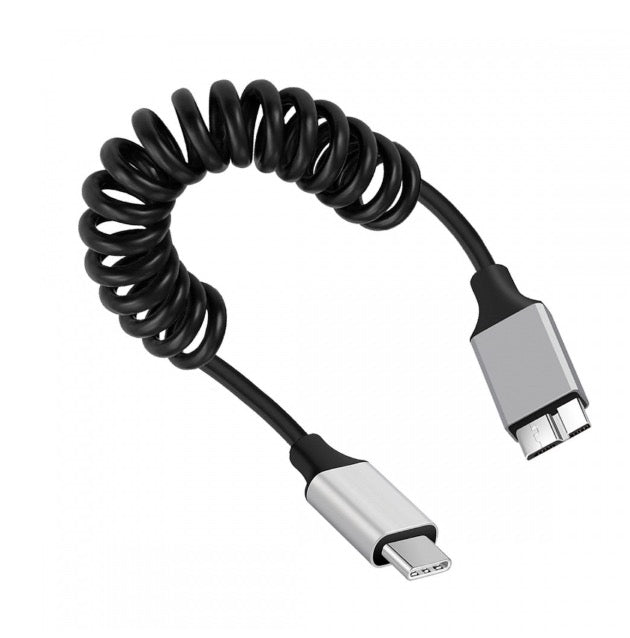 A black coiled cable with a USB-C male connector on one end and a Micro-B USB male connector on the other end.