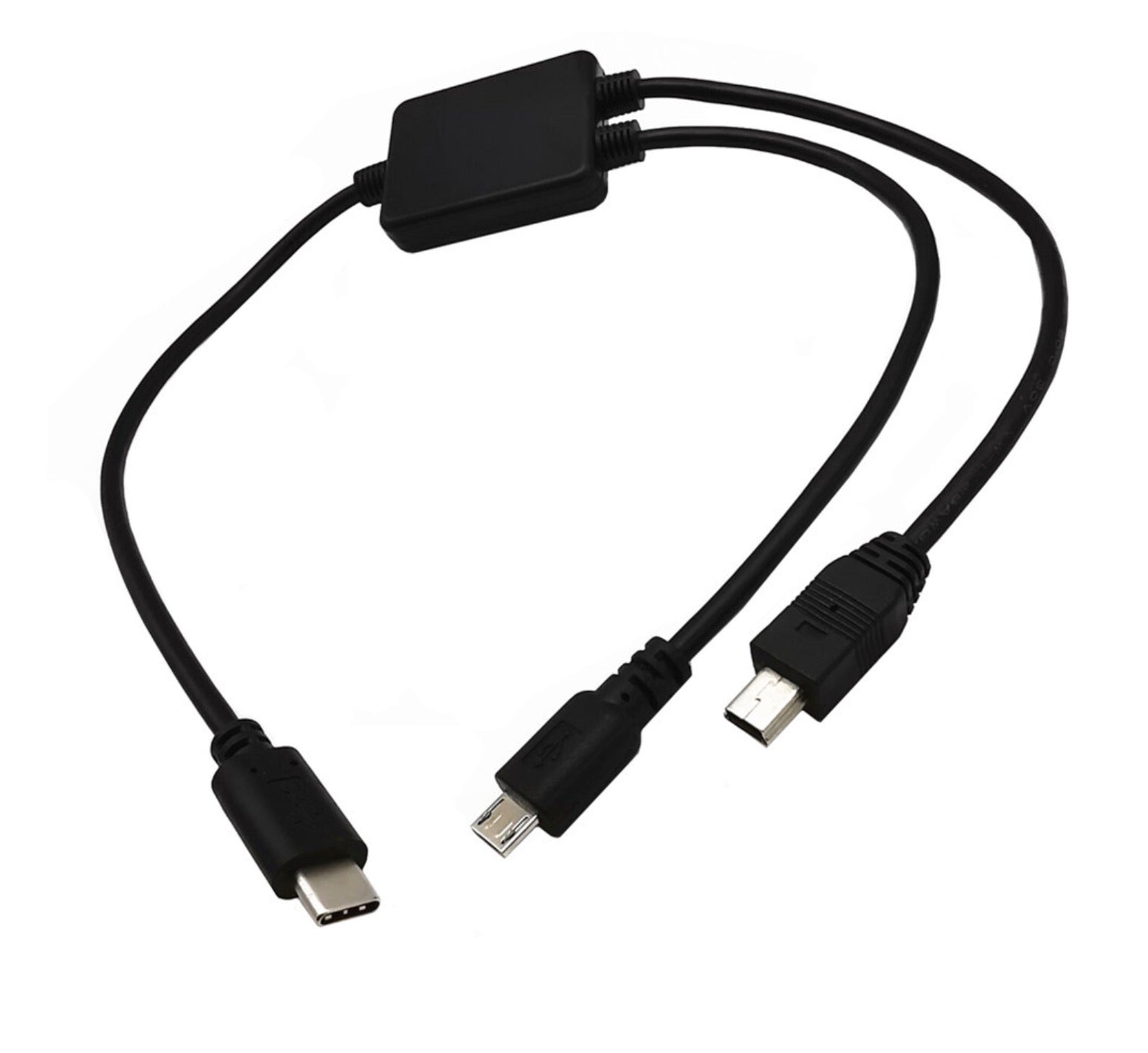 Black USB cable with multiple connectors on a white background
