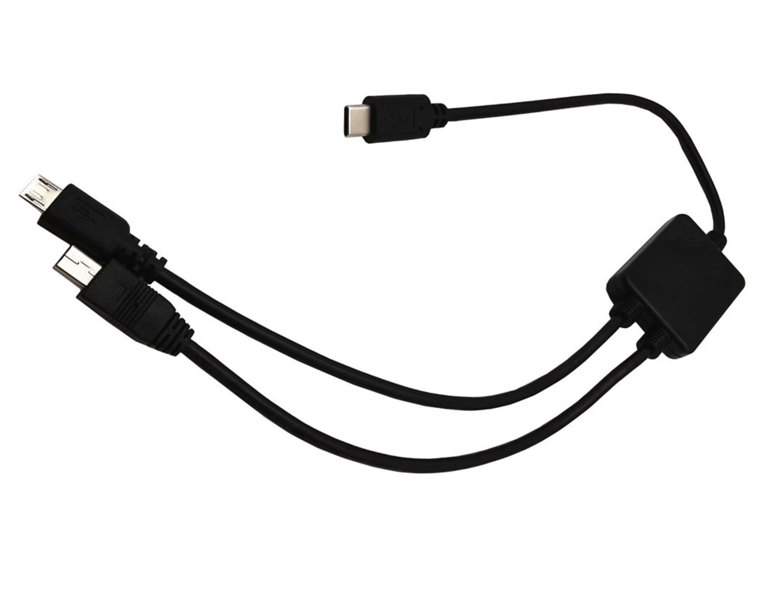 Black USB adapter cable with multiple connectors on a white background