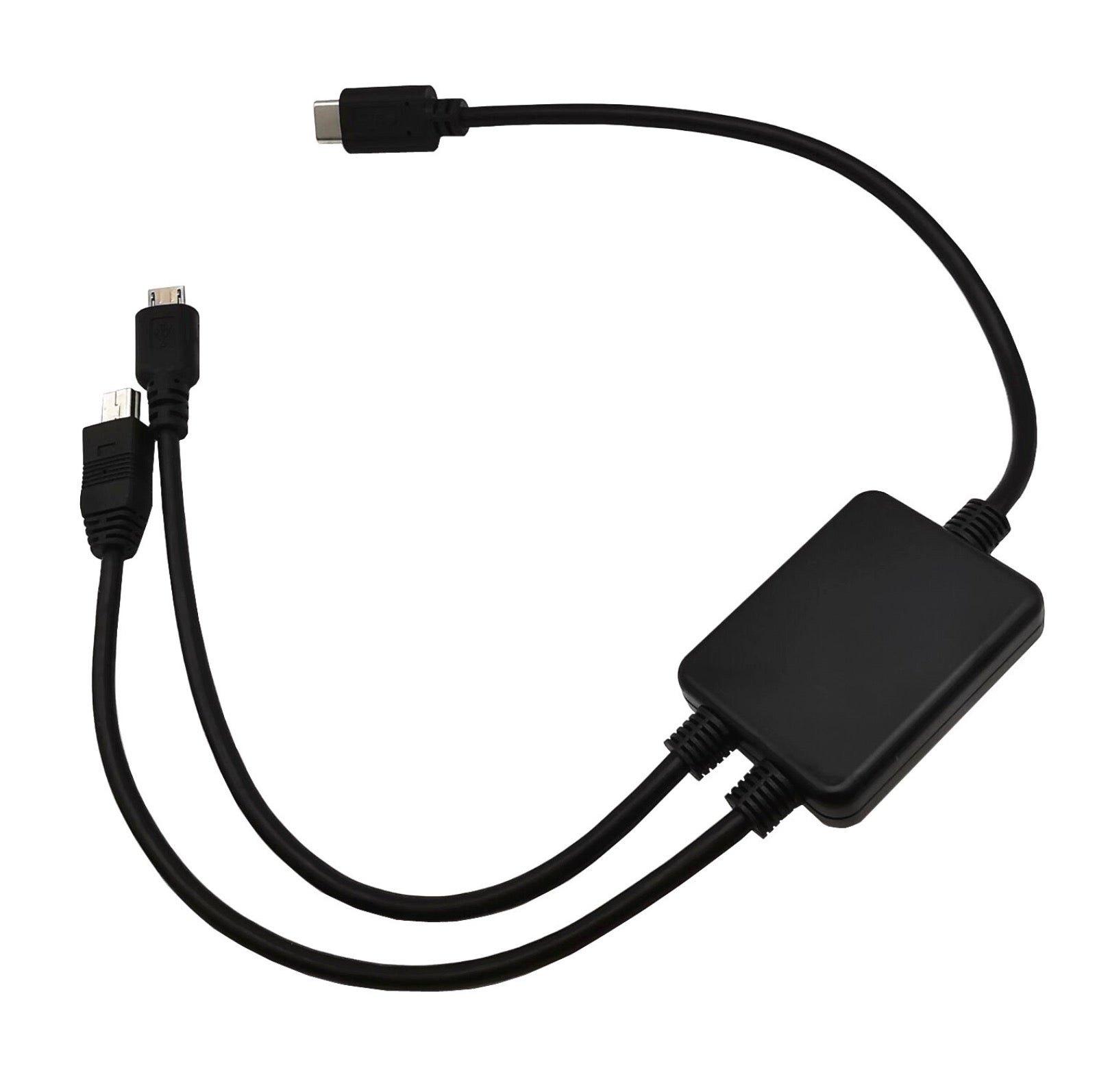 Black USB adapter with multiple connectors on a white background