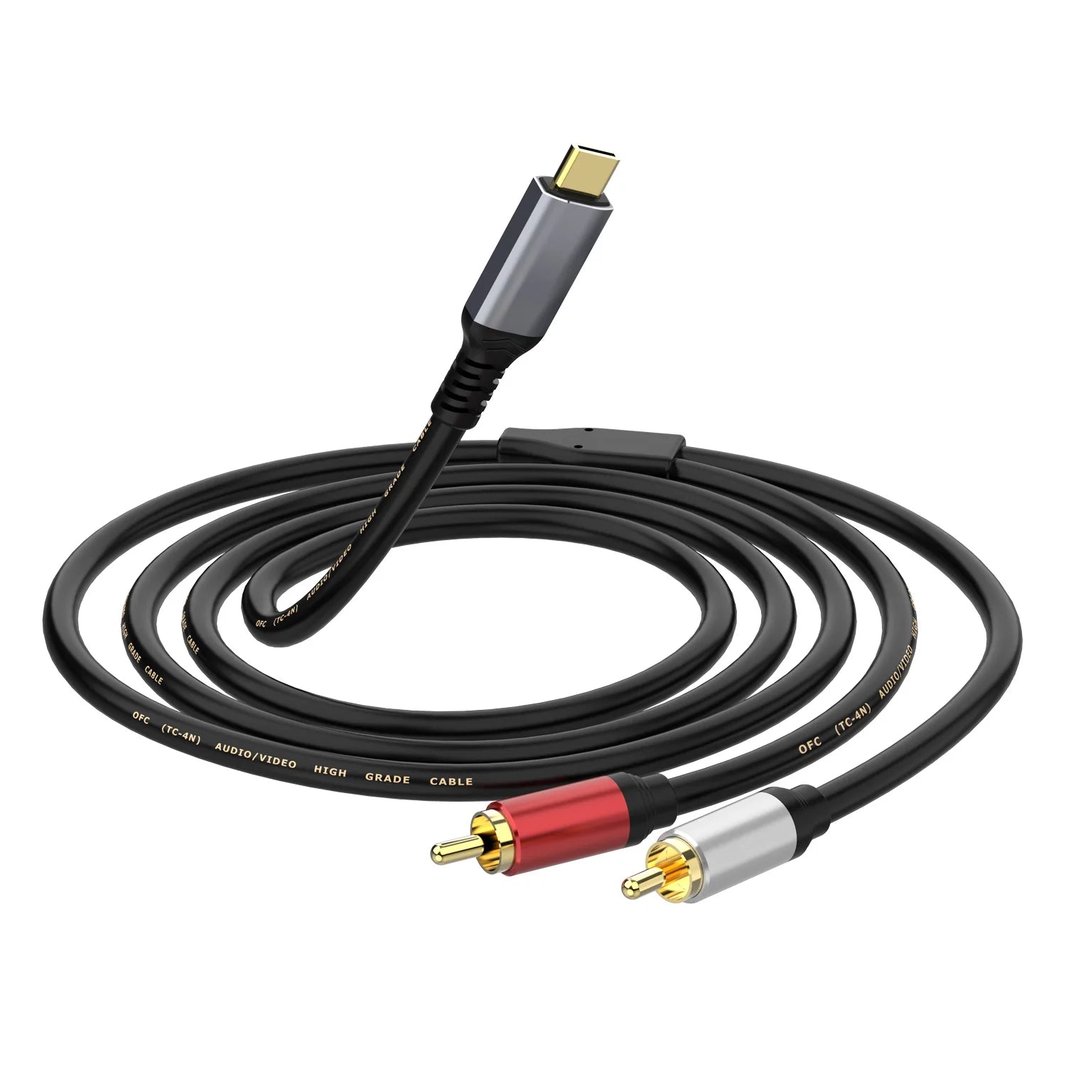 A black Type C to 2 x RCA Male Audio Cable with corrosion-resistant aluminium alloy shell and gold-plated connectors.