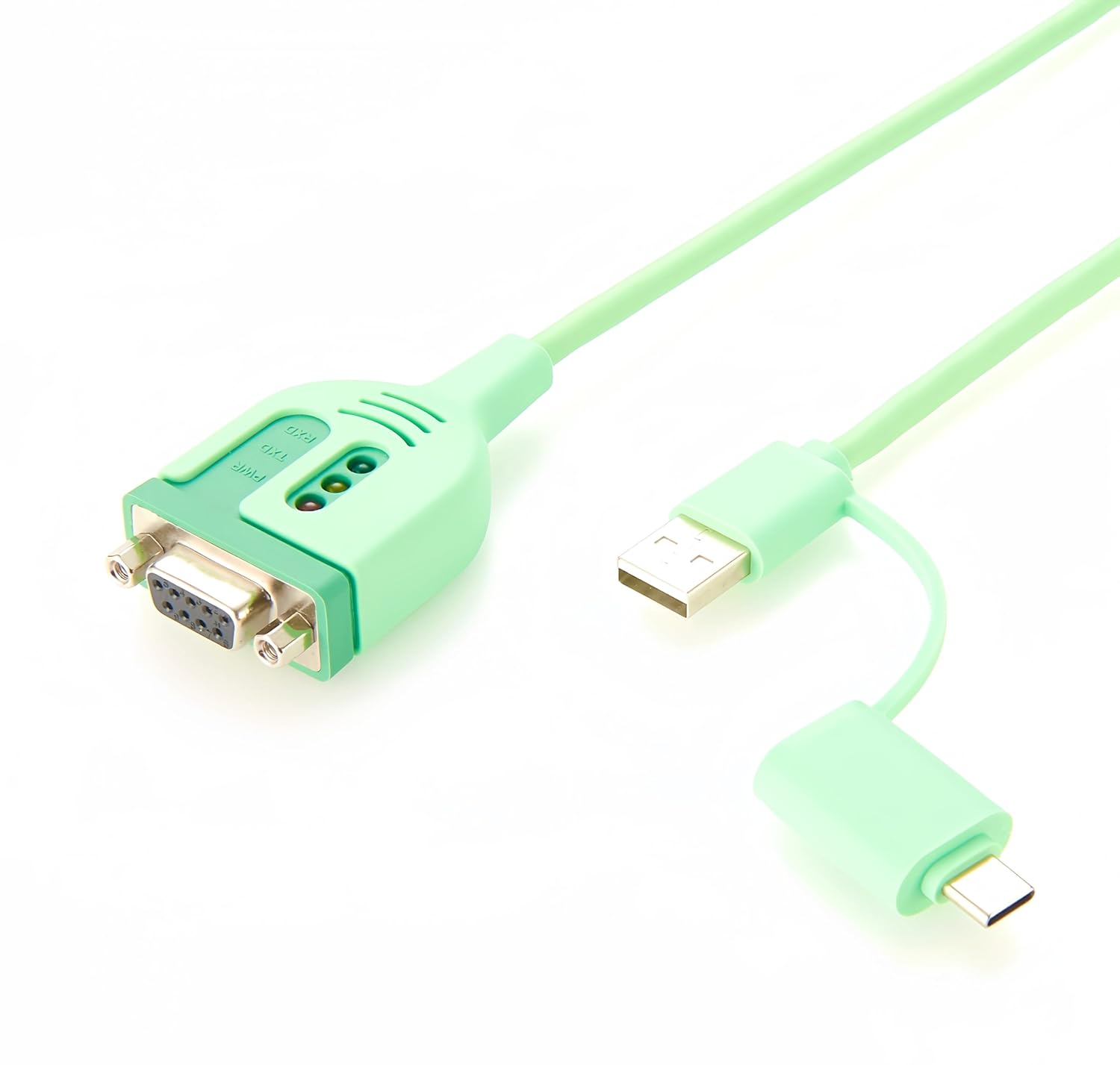 USB-C to RS232 serial adapter cable with DB9 female connector and FT232RNL chip, includes USB-A power lead for stable connection