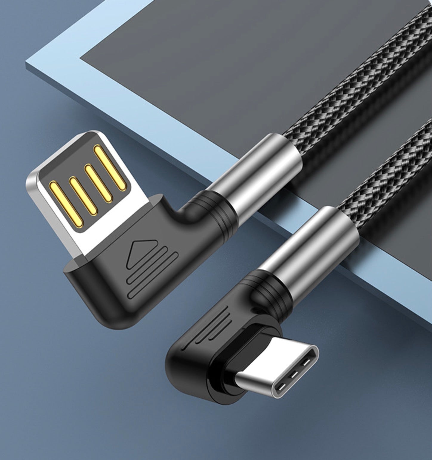 Right and left angled USB-C to USB-A 3.0 braided data sync cable