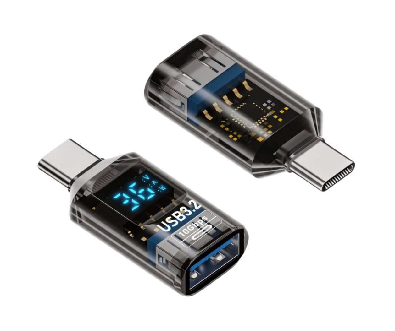 USB-C male to USB-A female adapter with digital power display supporting up to 10Gbps data and charging pass-through
