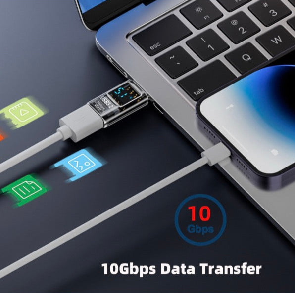 USB-C male to USB-A female adapter with digital power display supporting up to 10Gbps data and charging pass-through