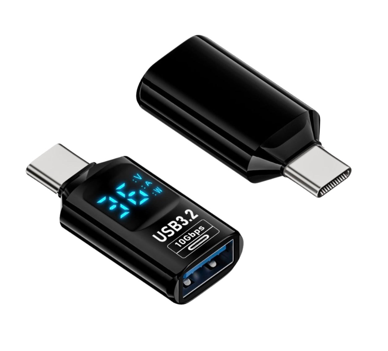 USB-C male to USB-A female adapter with digital voltage and current display supporting up to 10Gbps data transfer