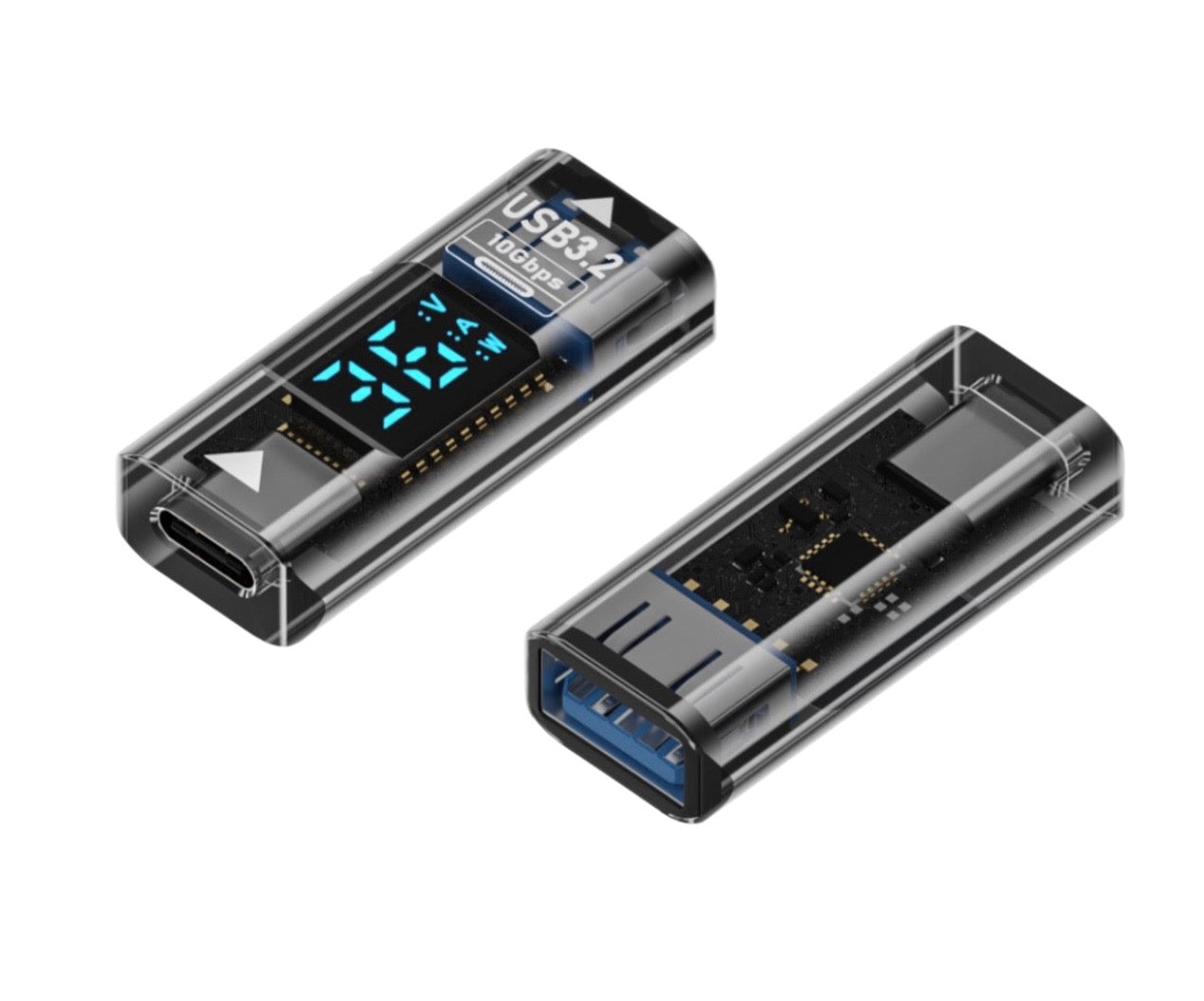 USB-C male to USB-A female adapter with digital voltage and current display supporting up to 10Gbps data transfer