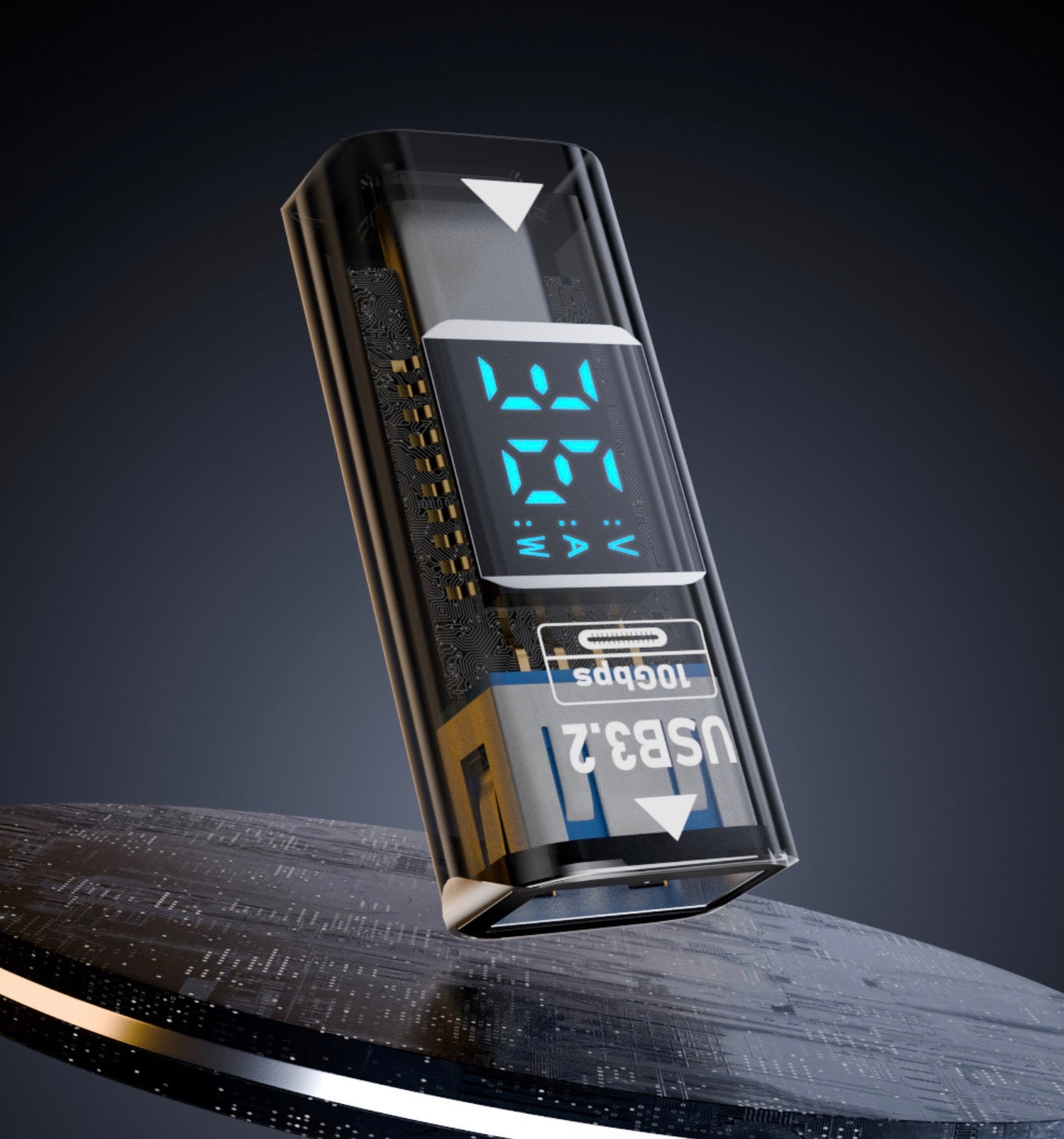 USB-C male to USB-A female adapter with digital voltage and current display supporting up to 10Gbps data transfer