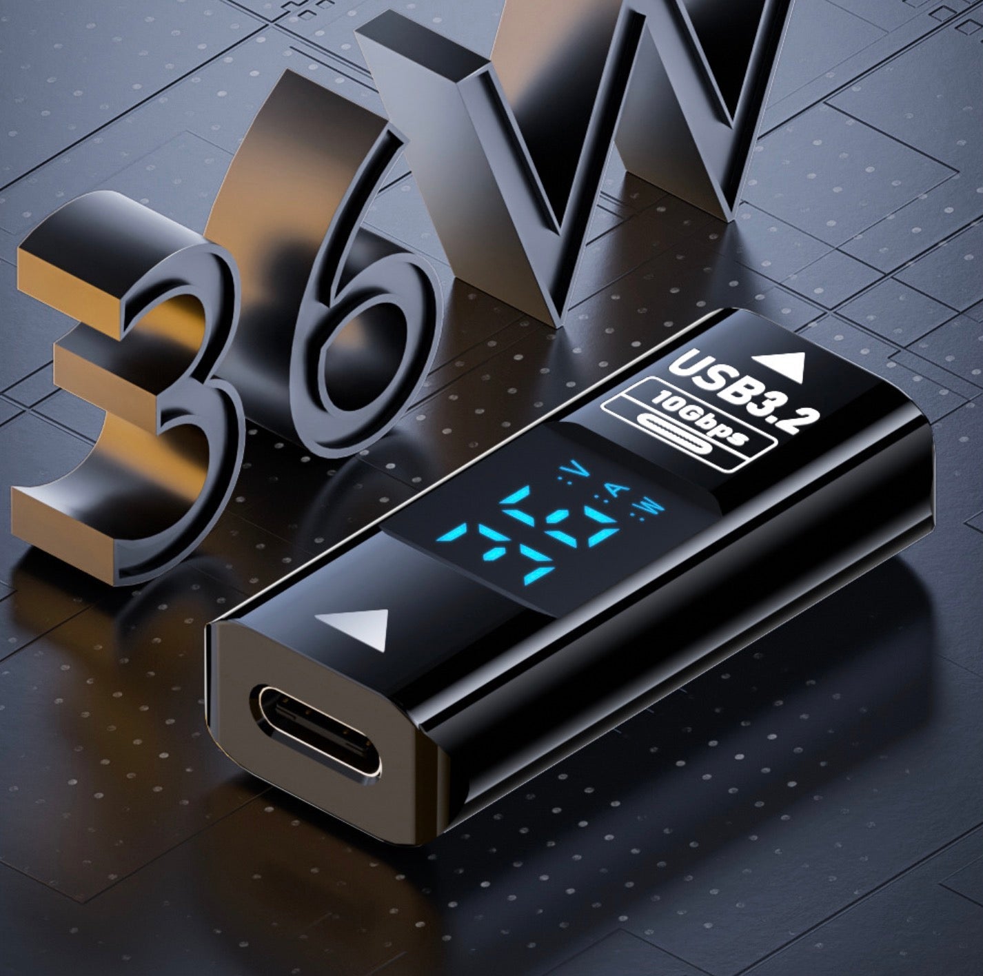 USB-C male to USB-A female adapter with digital voltage and current display supporting up to 10Gbps data transfer