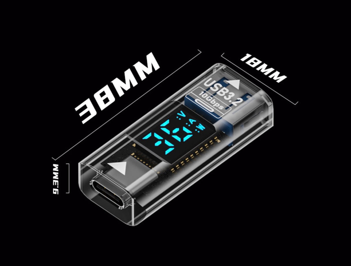USB-C male to USB-A female adapter with digital voltage and current display supporting up to 10Gbps data transfer