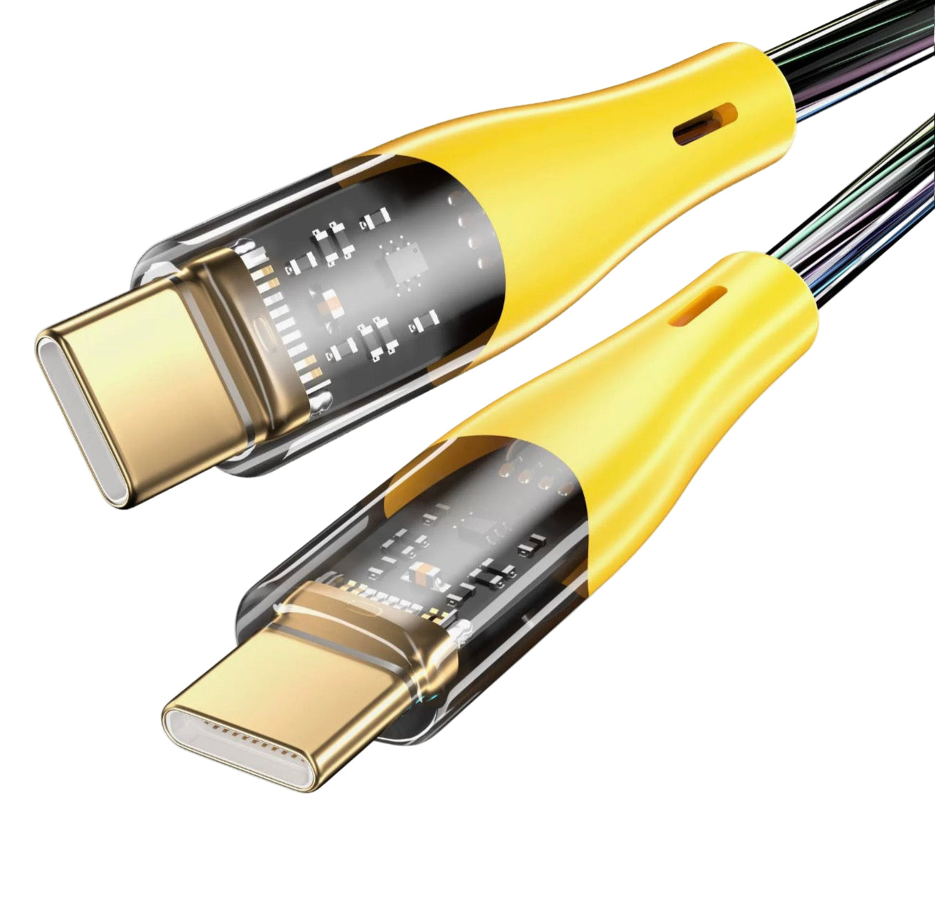 Two yellow USB cables with gold connectors on a white background
