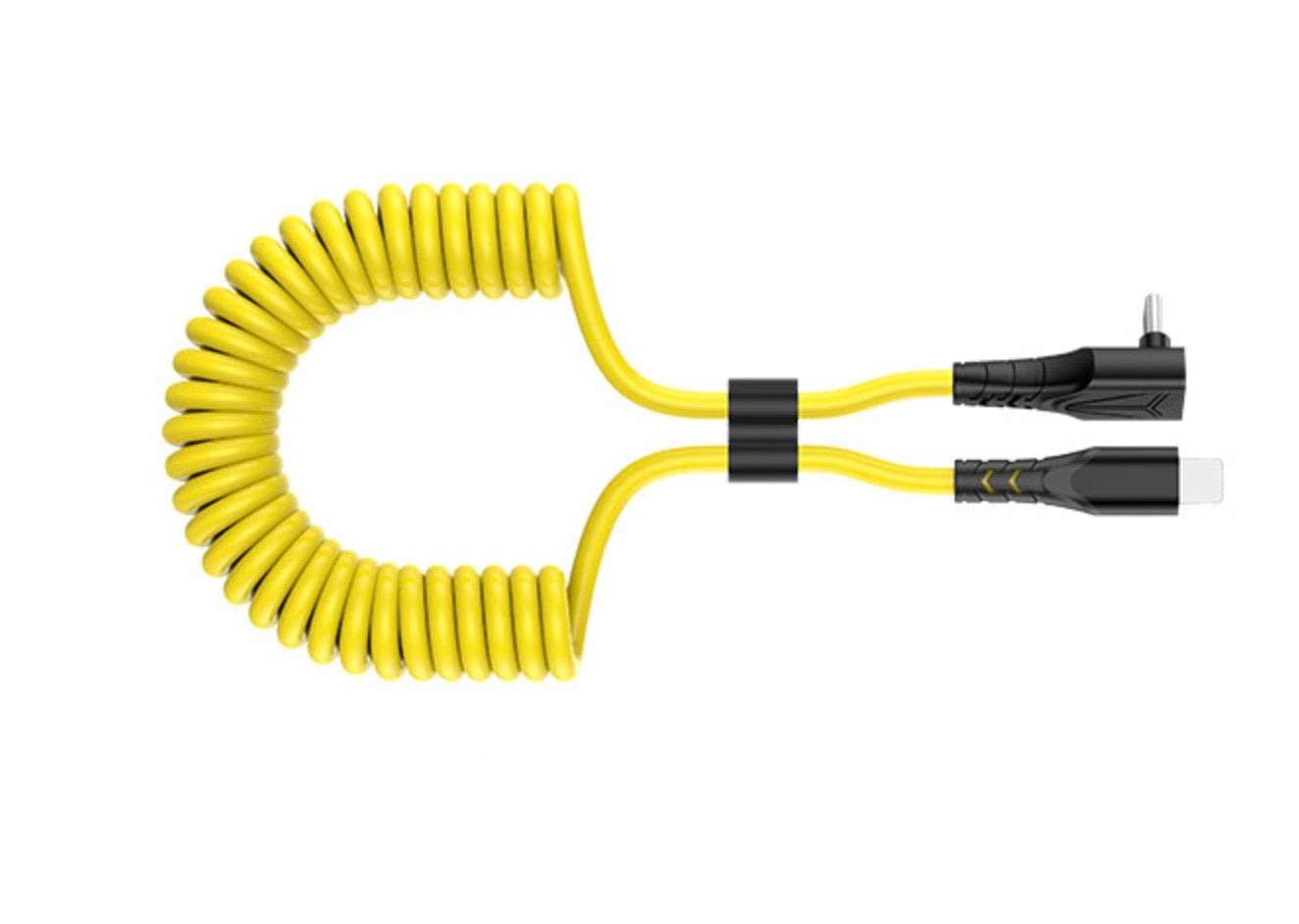 Yellow USB-C male to USB-C male coiled PD charging cable with extendable spiral design