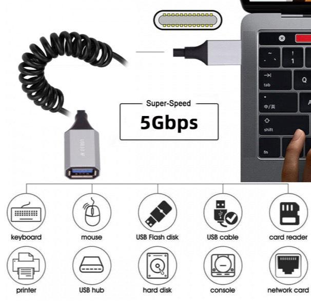 Coiled USB-C to USB 3.0 adapter lead