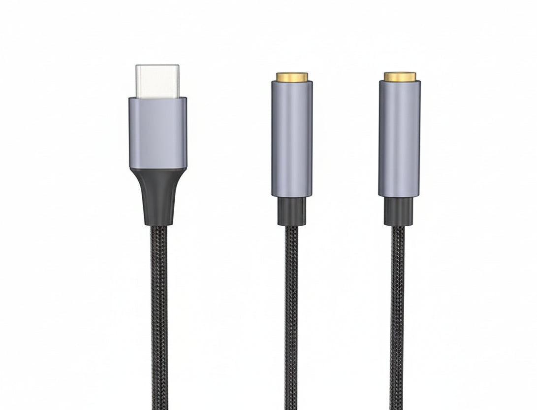 USB-C to dual 3.5mm audio splitter cable braided headphone and microphone adapter