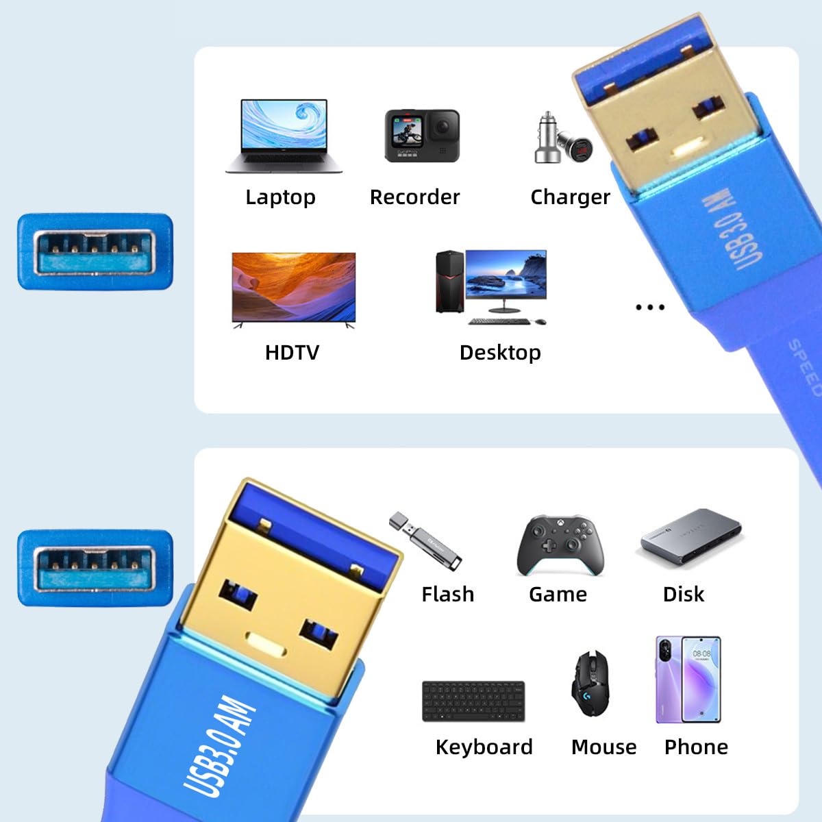 Ultra Flat USB 3.0 Type-A Male to Male Cable | 5Gbps High-Speed Blue Extension for SSD, HDD, Camera, Data Transfer